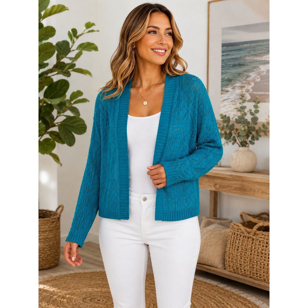 Hearts of Palm Open Front Crochet Knit Cardigan – Size Large